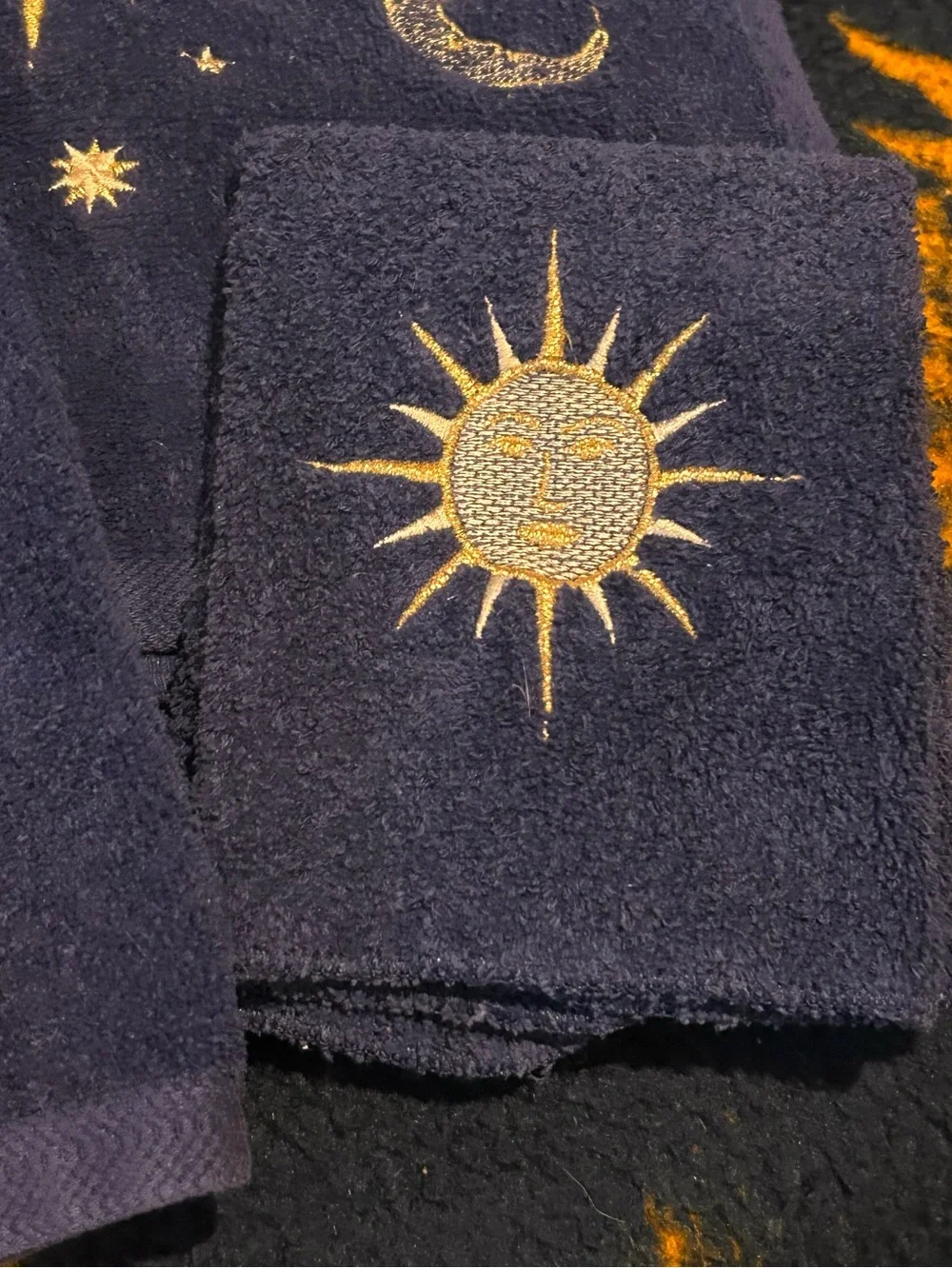 Vintage 90s Celestial Bathroom Towel 3 Piece Set Whimsigoth Sun Moon Decor USA